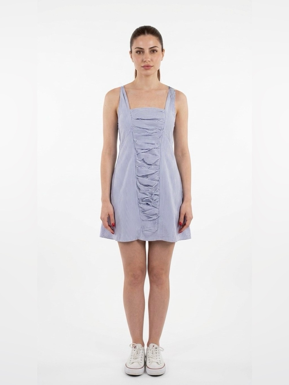 ANTHROPOLOGIE FARM RIO Blue Striped Ruched Mini Dress Tie Shoulder Women's Small